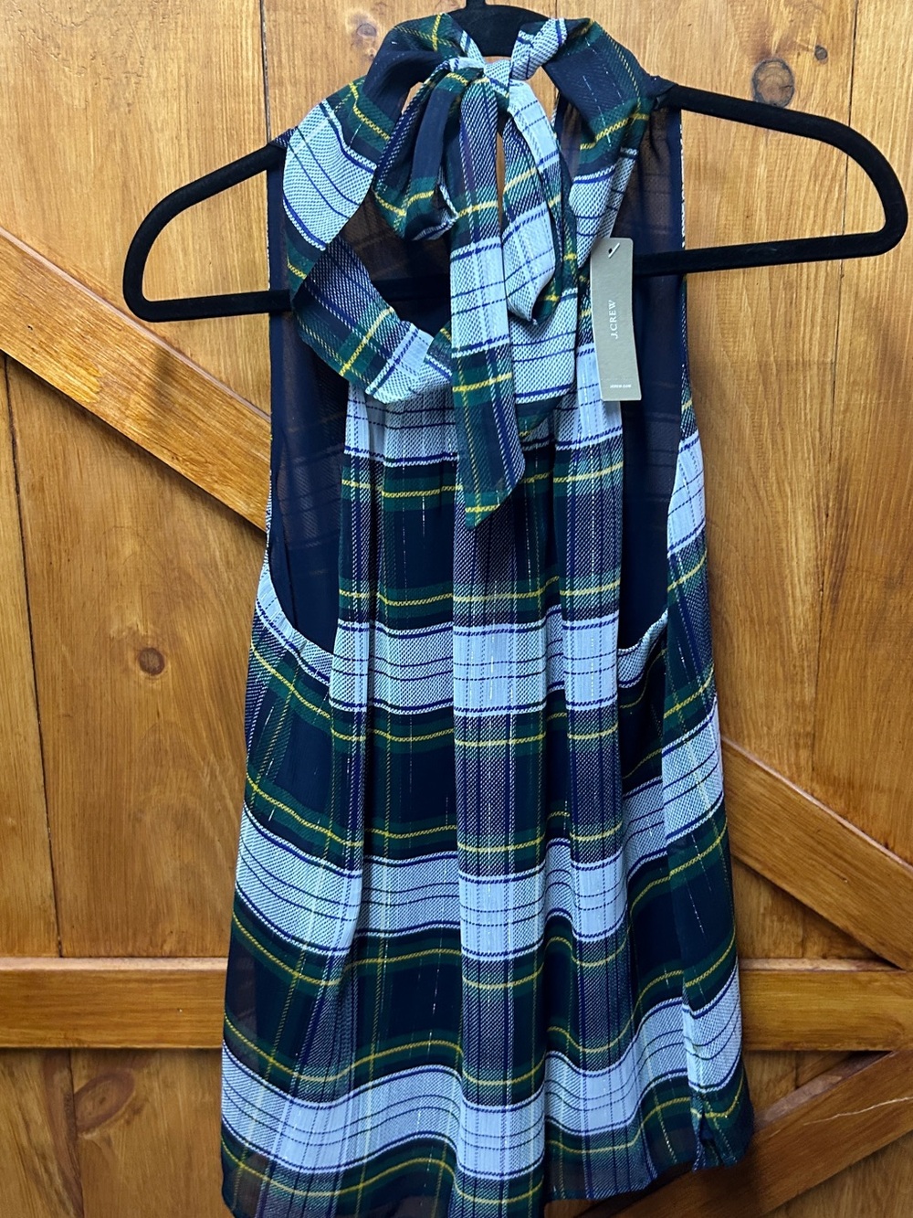 J. Crew Navy, Green & White Plaid Tie-Neck Sleeveless Blouse